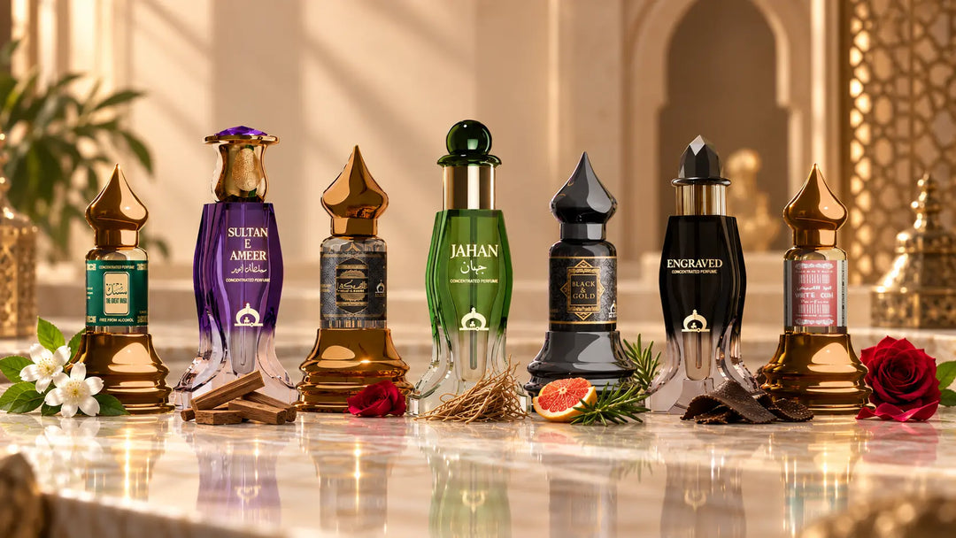 Seven premium attar bottles from Musk Al Mahal displayed with natural fragrance ingredients