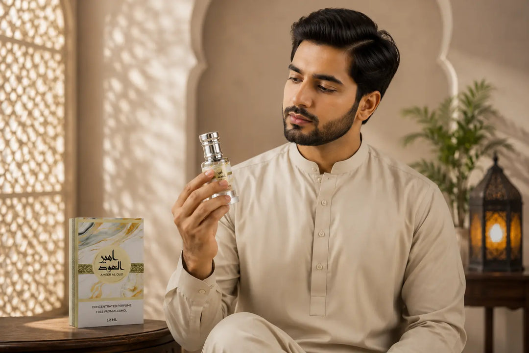 Ameer Al Oud attar perfume for men with a man holding the fragrance bottle