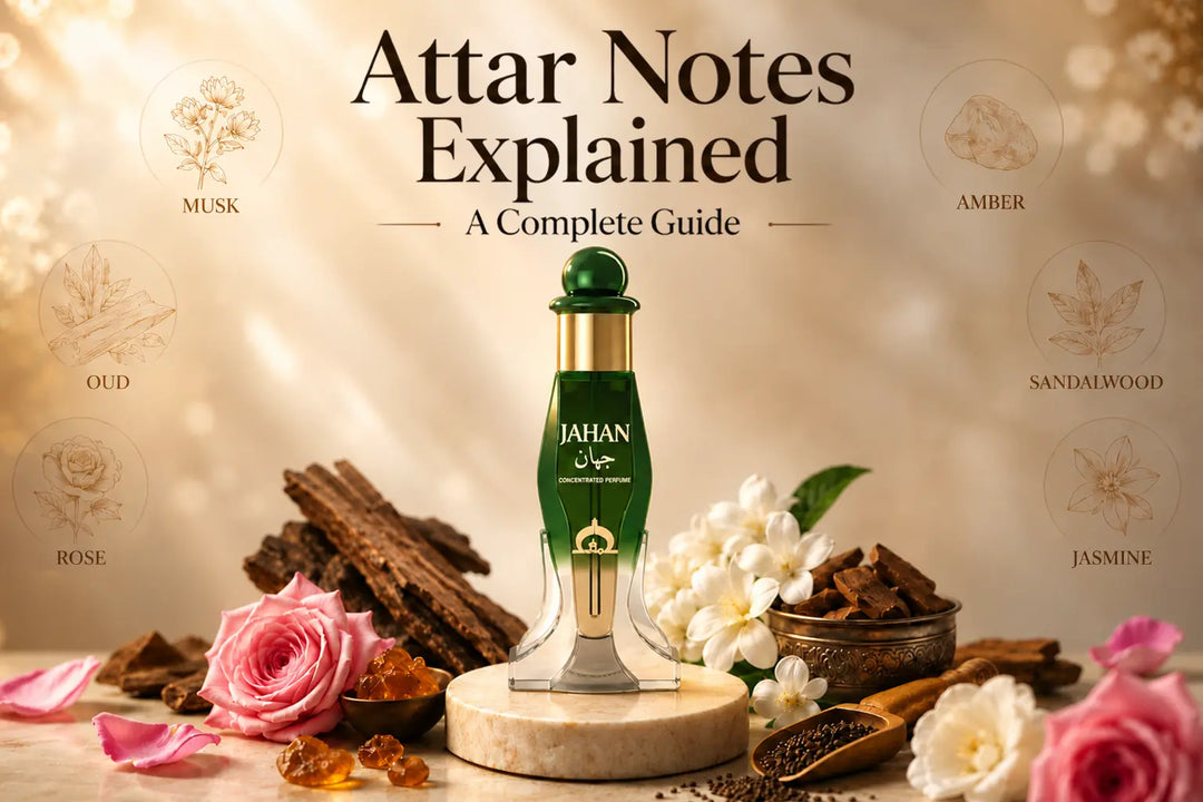 Attar notes explained guide featuring musk, oud, amber, sandalwood, rose and jasmine