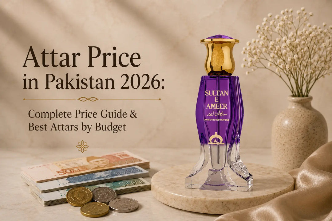 Attar price in Pakistan 2026 featuring Sultan E Ameer attar with Pakistani currency notes