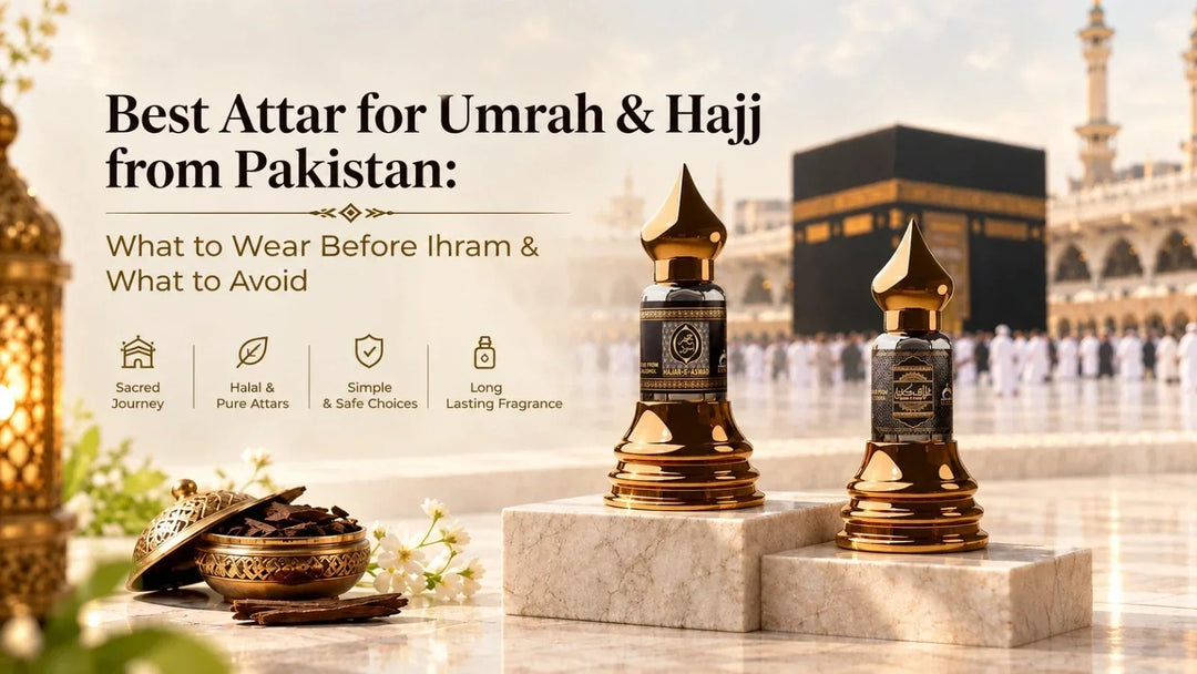 Best attar for Umrah and Hajj from Pakistan with attar bottles and Kaaba background
