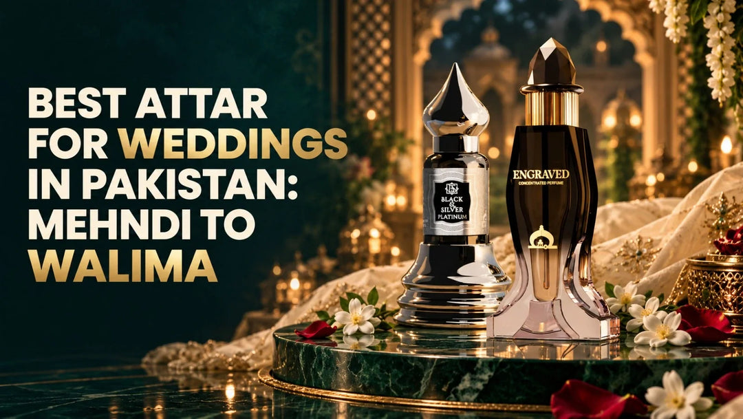 Best attar for weddings in Pakistan featuring Black & Silver Platinum and Engraved attar for Mehndi to Walima.