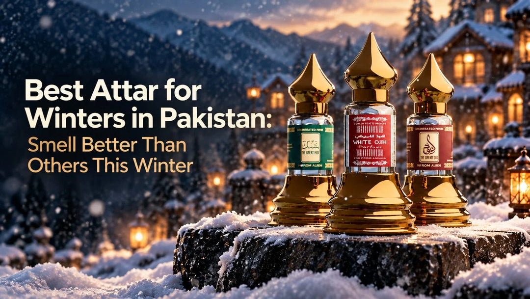 Best attar for winters in Pakistan featuring premium attar fragrances in a snowy winter setting.