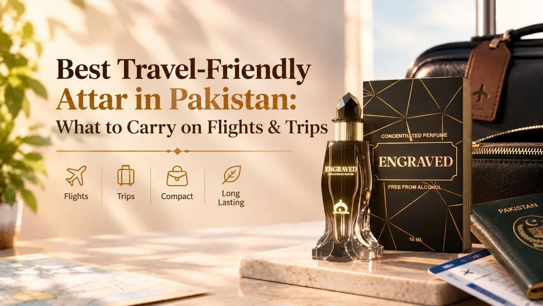 Best travel-friendly attar in Pakistan for flights and trips, featuring Musk Al Mahal Engraved concentrated perfume oil