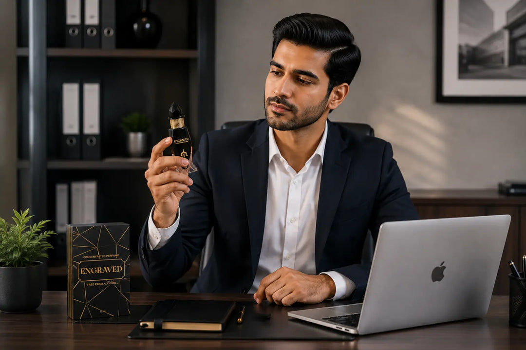 Engraved concentrated perfume for men with a man holding the fragrance bottle in an office