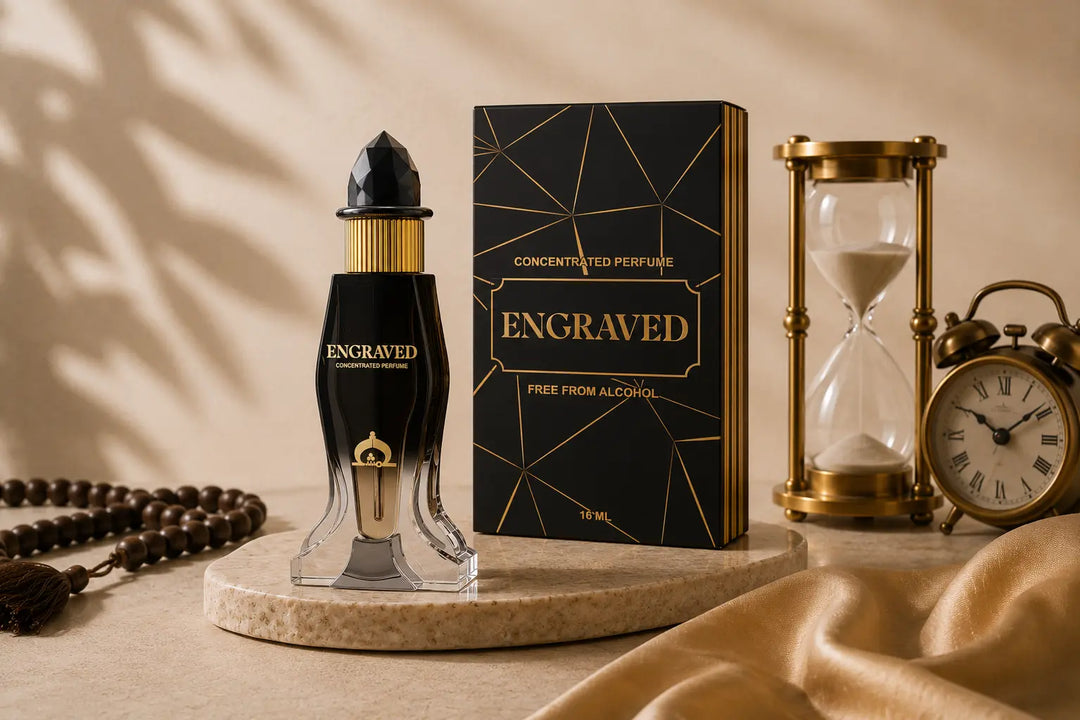 Engraved concentrated perfume bottle and box, free from alcohol