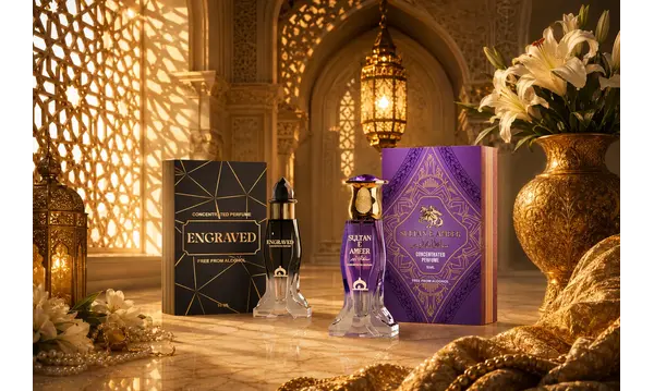 Engraved and Sultan E Ameer concentrated perfumes displayed in a luxurious setting