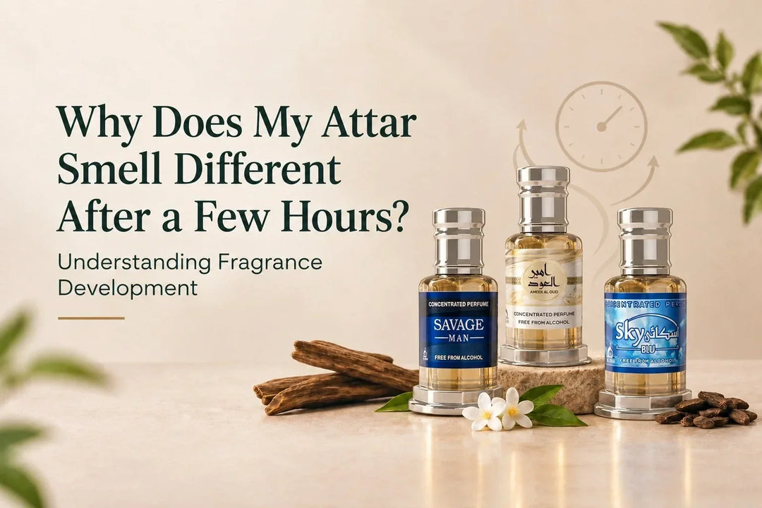 Why does my attar smell different after a few hours, showing fragrance development with three concentrated perfume bottles