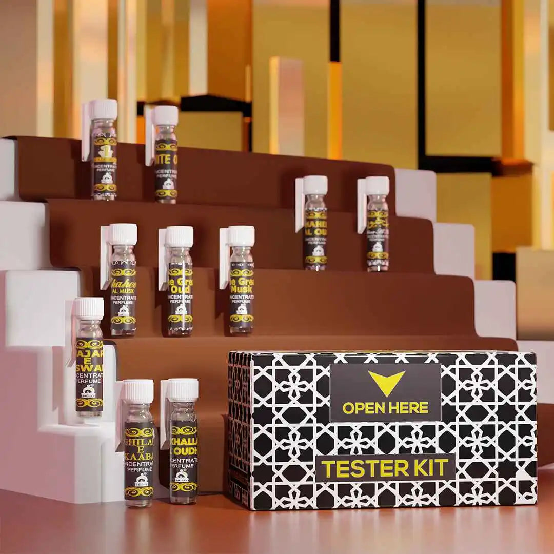 10 Arabic attar perfume samples by Musk Al Mahal in a premium tester kit