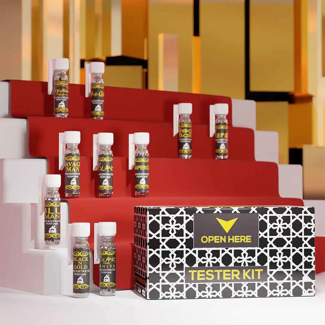 10 French attar perfume samples by Musk Al Mahal in a premium tester kit