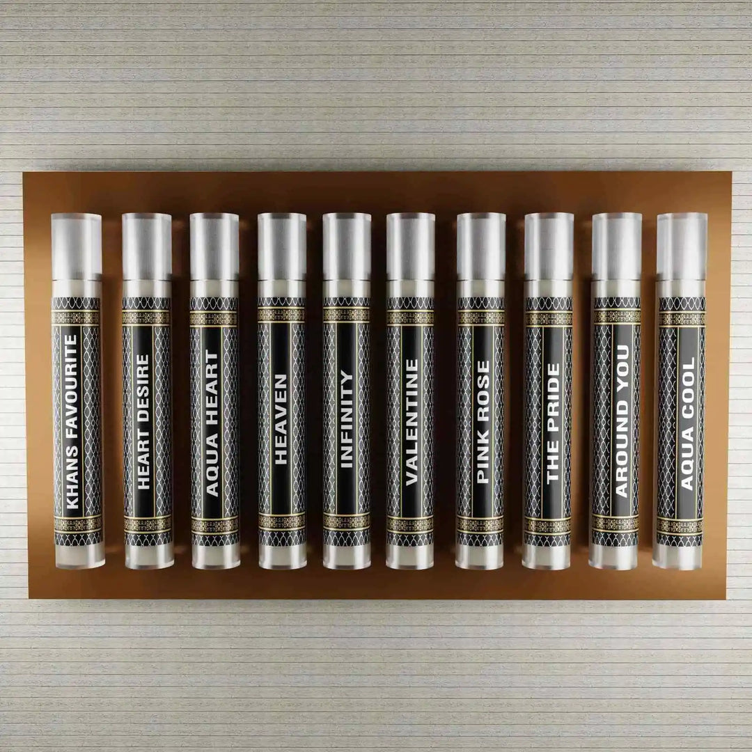 10 samples of your choice perfume set by Musk Al Mahal featuring a selection of fragrance samples