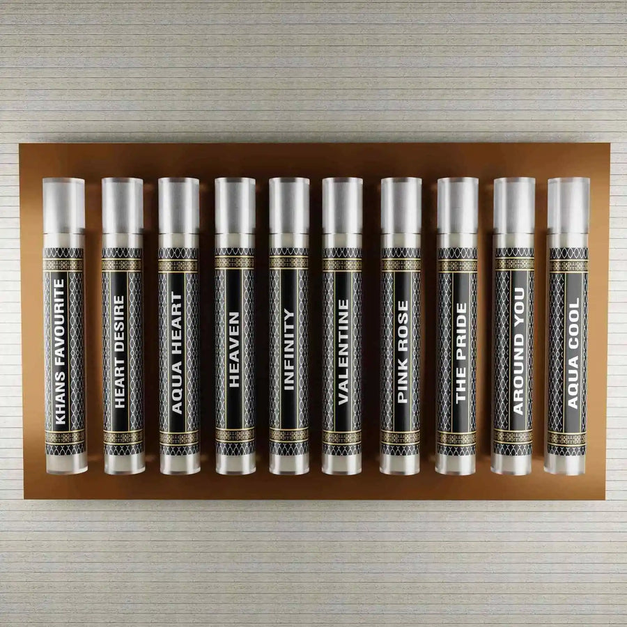 10 samples of your choice perfume set by Musk Al Mahal featuring a selection of fragrance samples