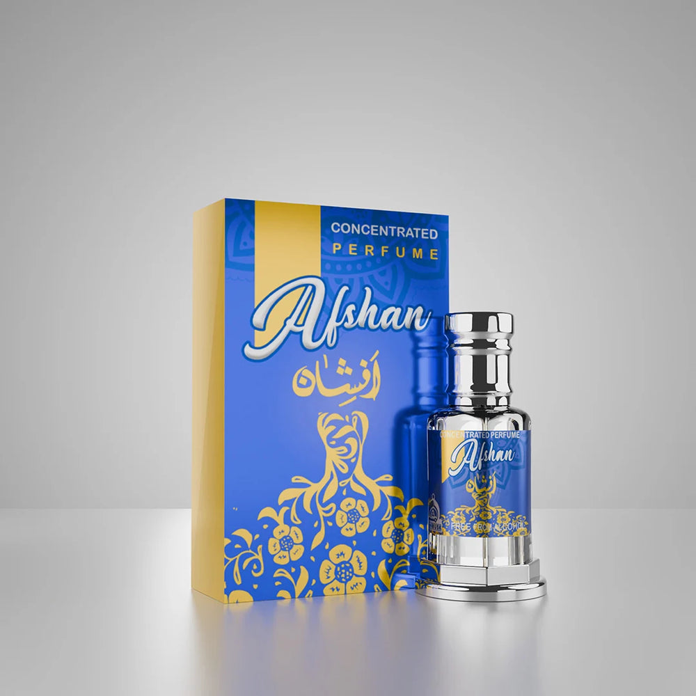 Afshan concentrated perfume with matching blue and gold perfume box surrounded by roses 01