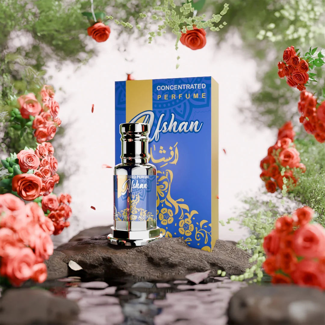 Afshan concentrated perfume with matching blue and gold perfume box surrounded by roses