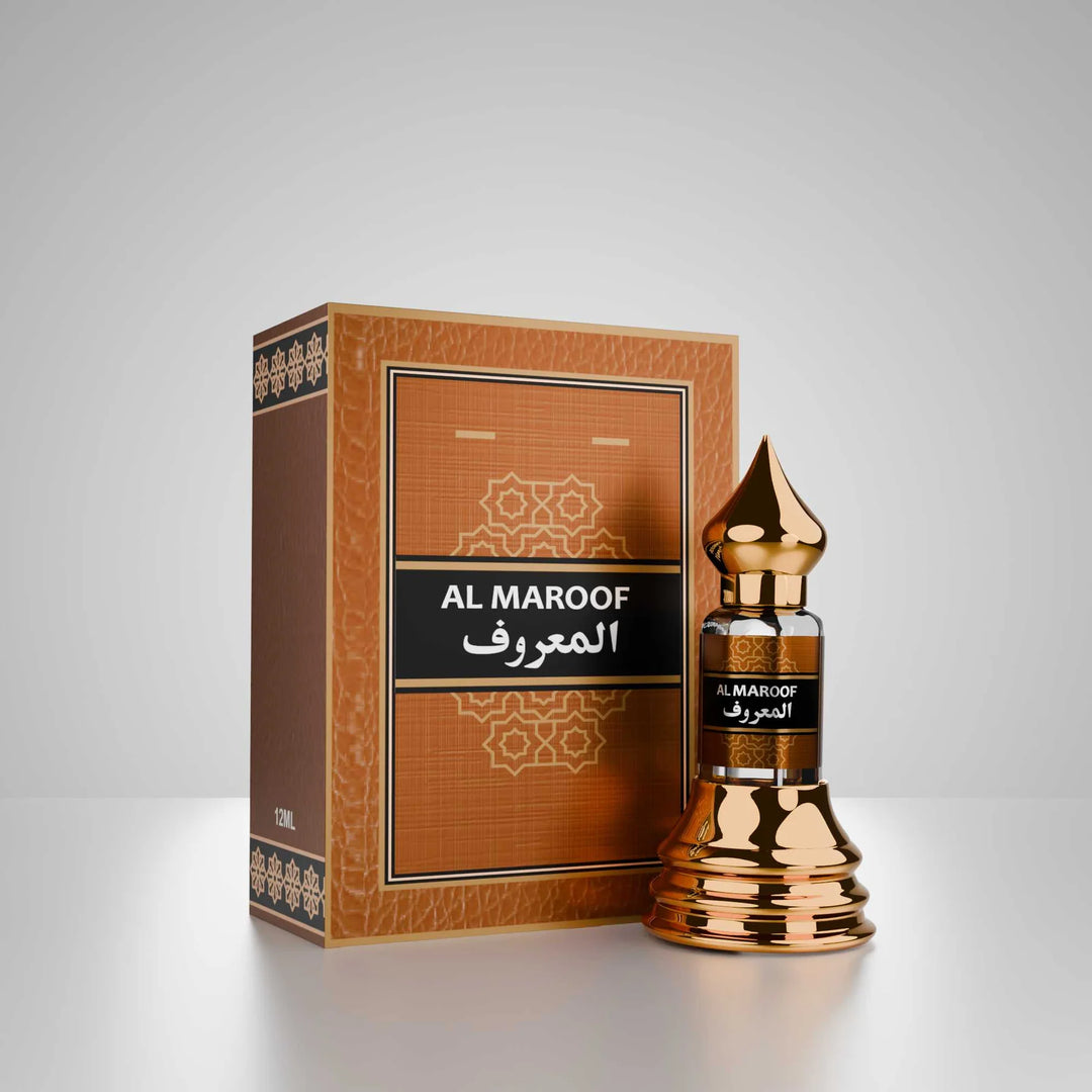 Al Maroof concentrated perfume with matching brown and gold perfume box