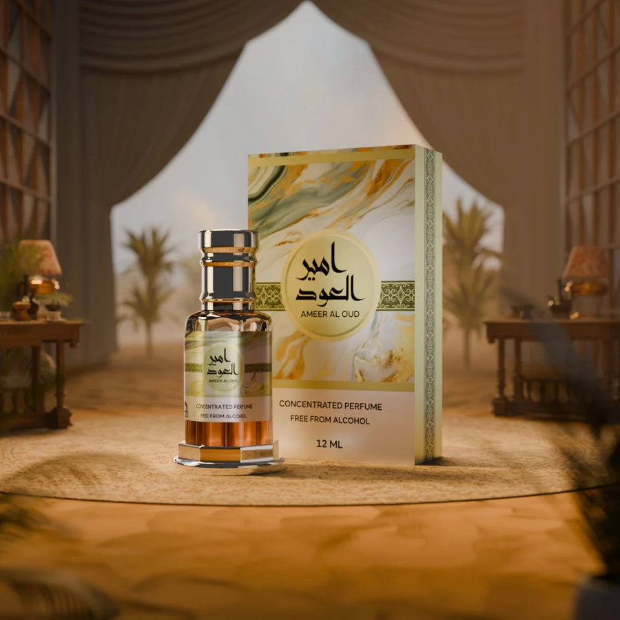 Ameer Al Oud concentrated perfume by Musk Al Mahal with premium oud fragrance bottle and box