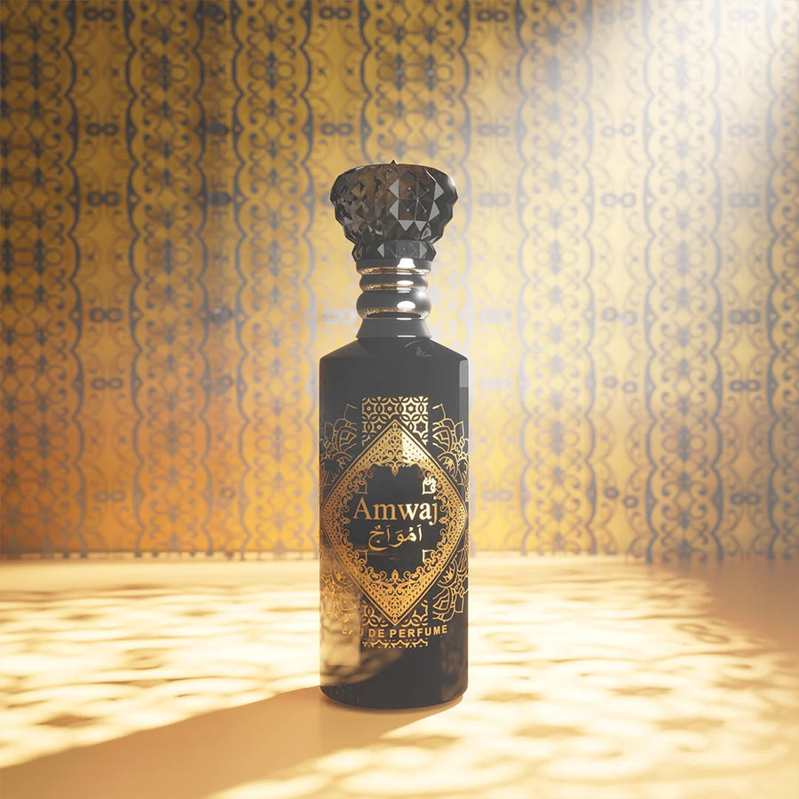 Amwaj concentrated perfume by Musk Al Mahal with elegant black fragrance bottle and Arabic-inspired design