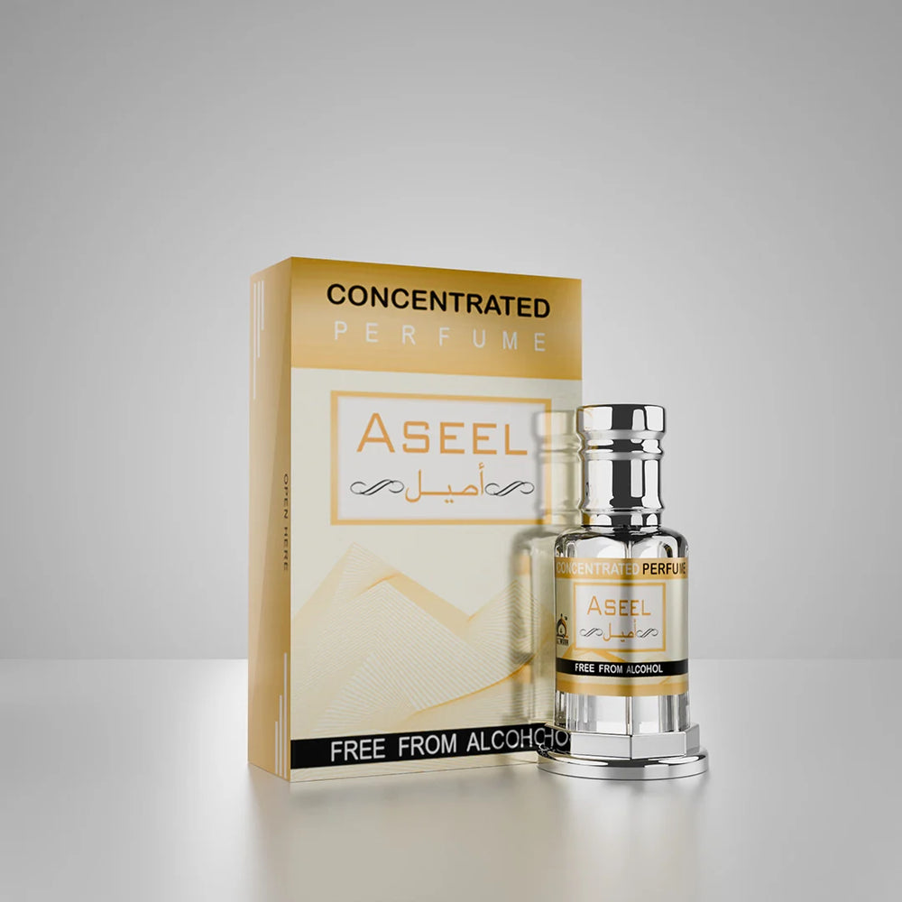 Aseel concentrated perfume with matching white and gold perfume box on reflective surface