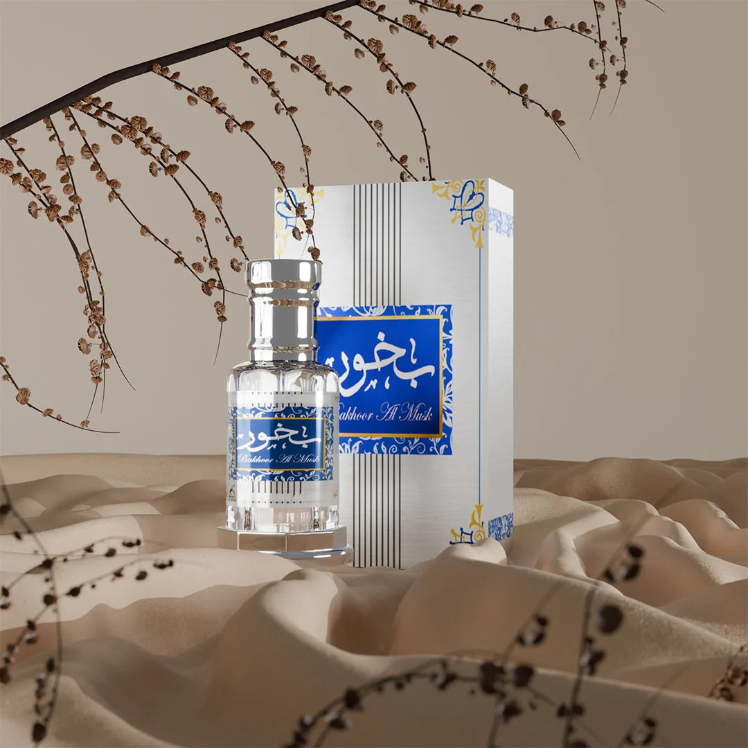 Bakhoor Al Musk concentrated perfume with matching blue and white perfume box