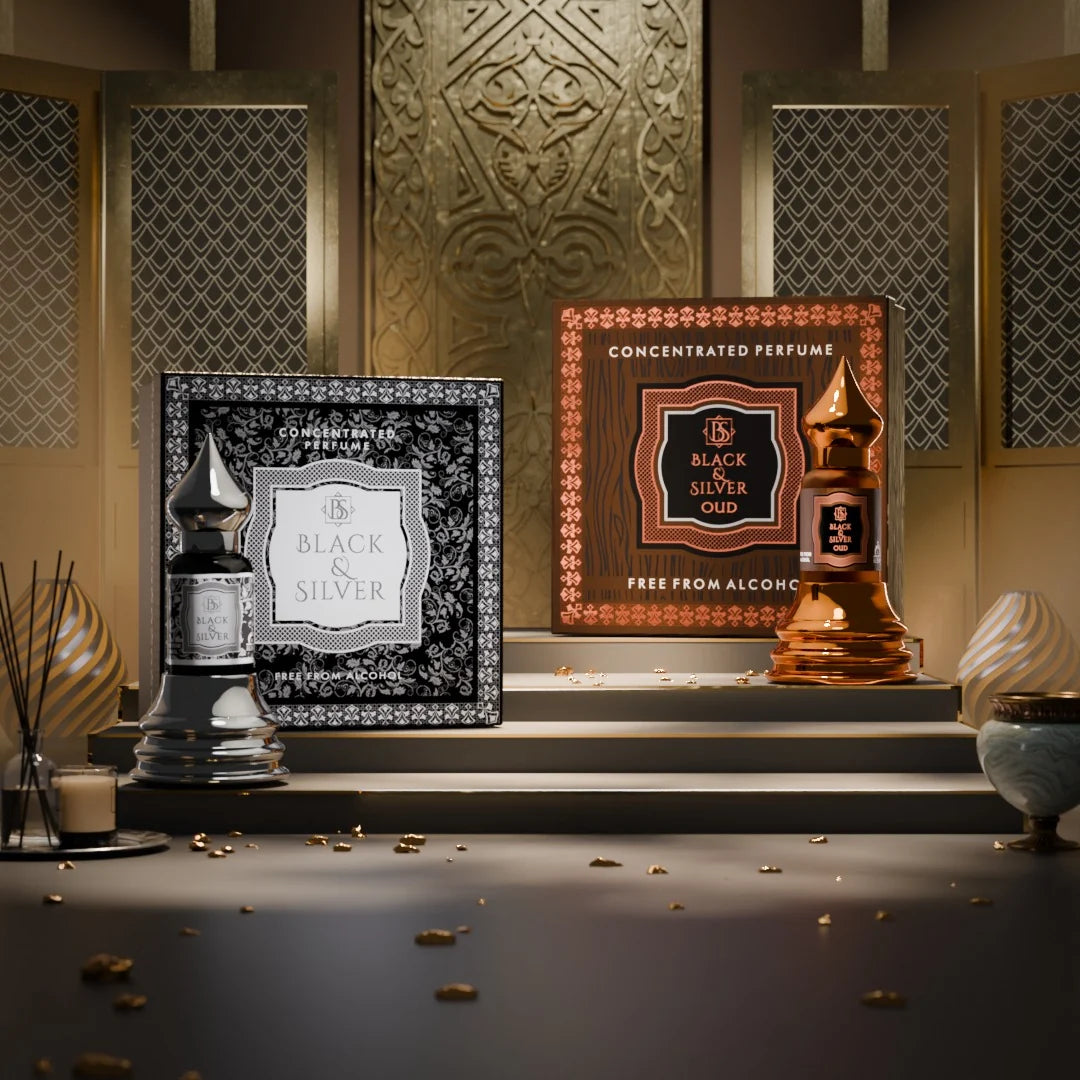 Best Duo Bundle featuring Black and Silver and Black and Silver Oud concentrated perfumes by Musk Al Mahal