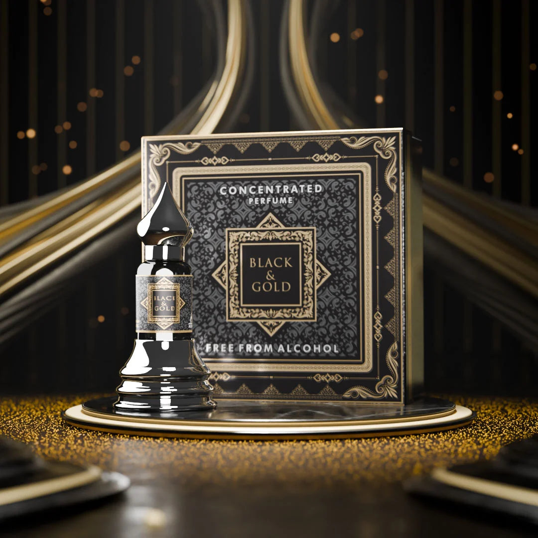 Black and Gold concentrated perfume attar with matching perfume box