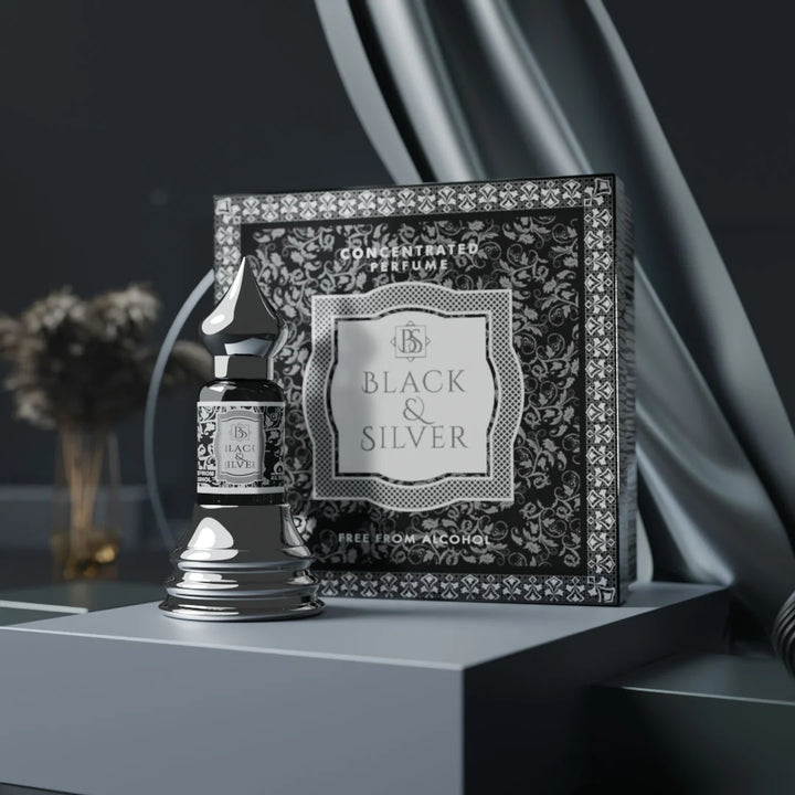 Black & Silver concentrated perfume with matching black and silver perfume box