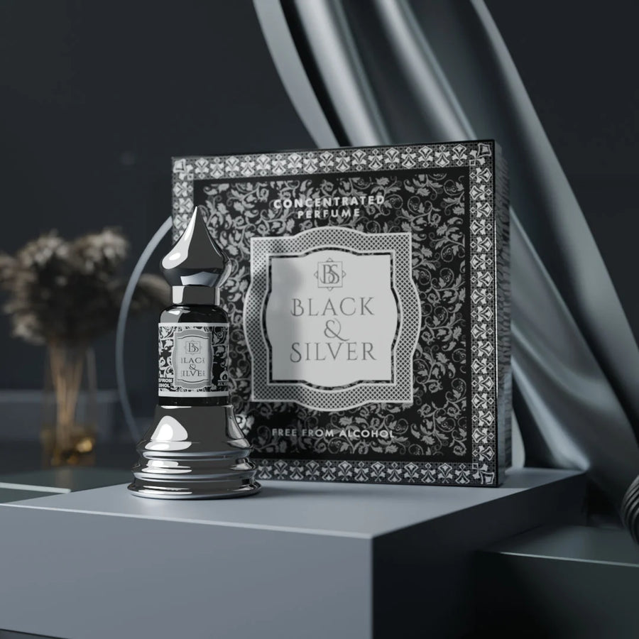 Black & Silver concentrated perfume with matching black and silver perfume box