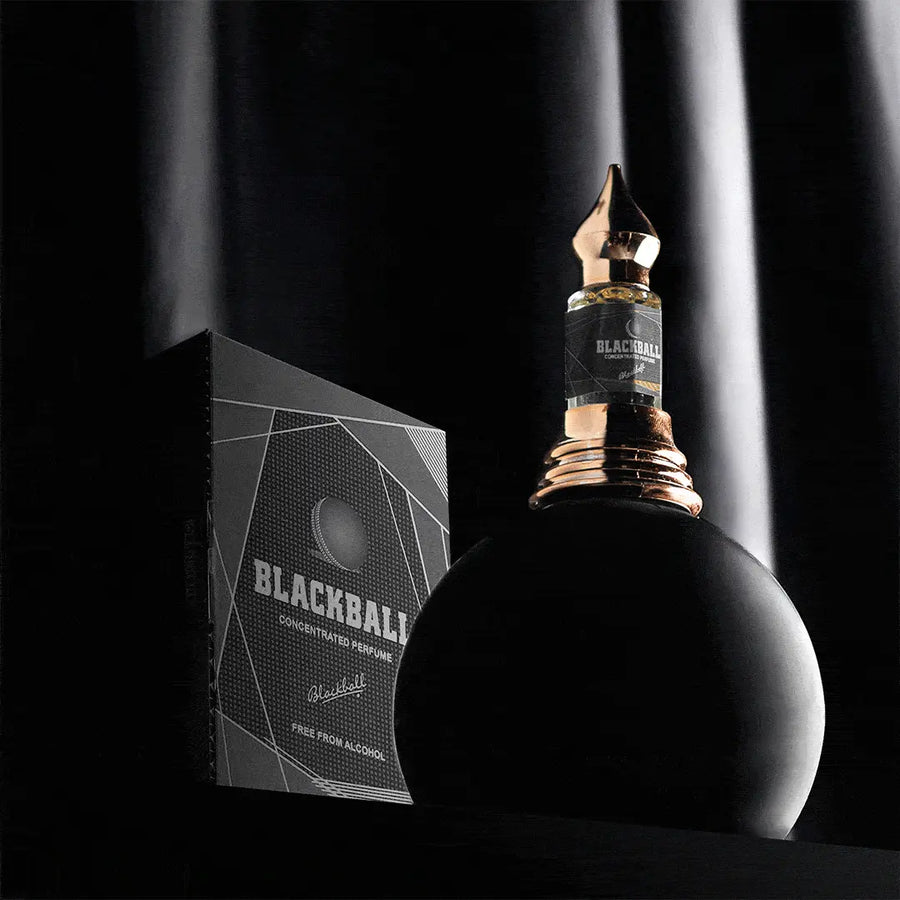 Black Ball premium perfume attar oil with matching Black Ball box