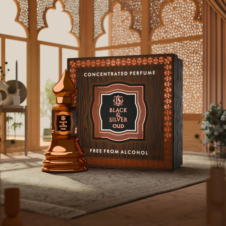 Black & Silver Oud attar oil by Musk Al Mahal with luxury oud fragrance bottle and premium concentrated perfume box