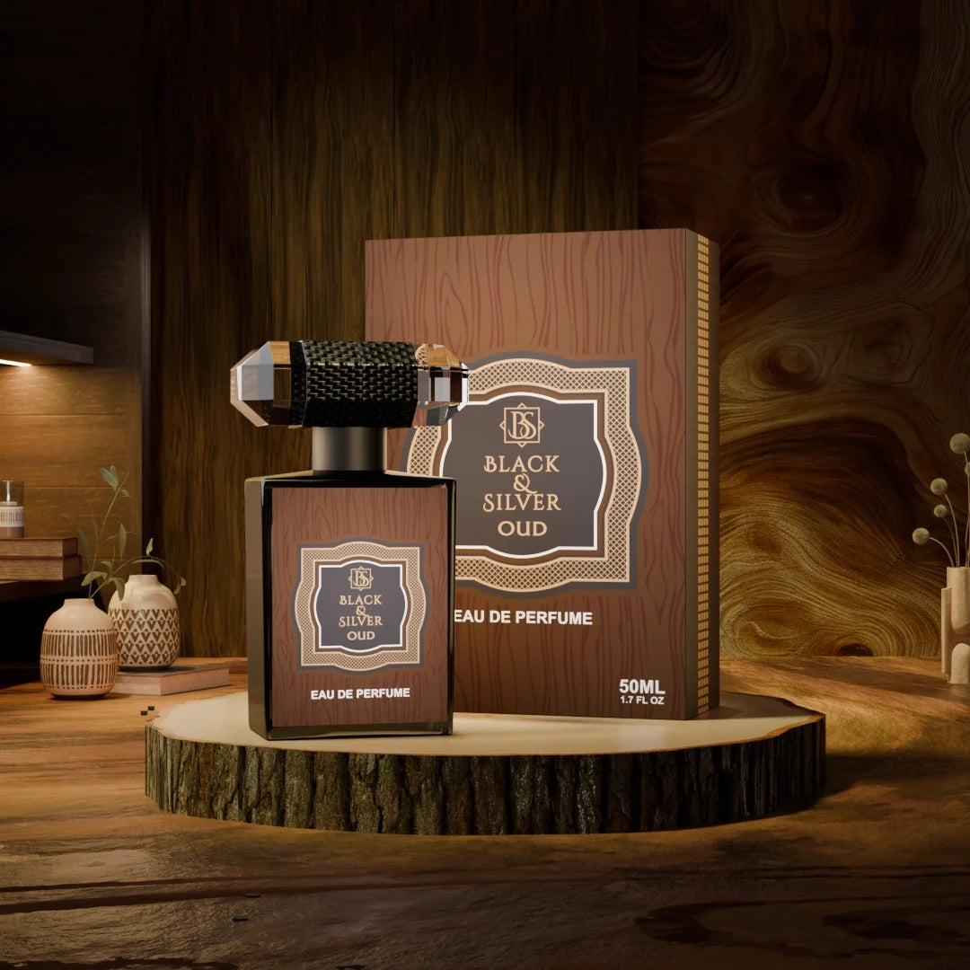 Black & Silver Oud Eau de Parfum 50ml perfume bottle and box