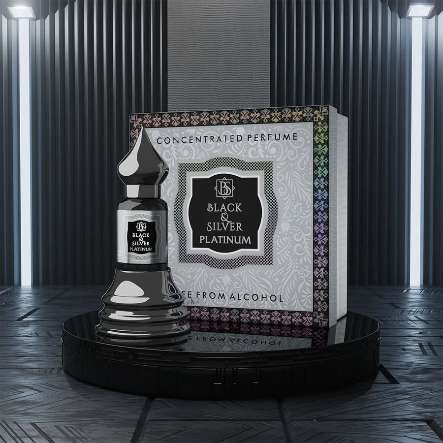 Black & Silver Platinum concentrated perfume by Musk Al Mahal with silver fragrance bottle and luxury perfume box