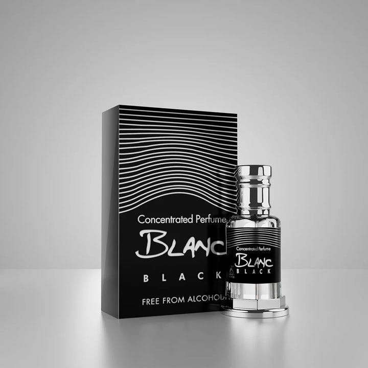 Blanc Black concentrated perfume with matching black perfume box in a dramatic monochrome setting 01