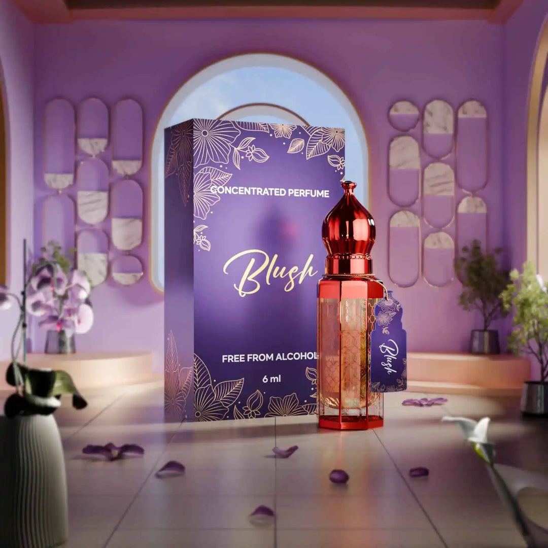 Blush concentrated perfume for women by Musk Al Mahal with elegant purple floral perfume box and luxury fragrance bottle