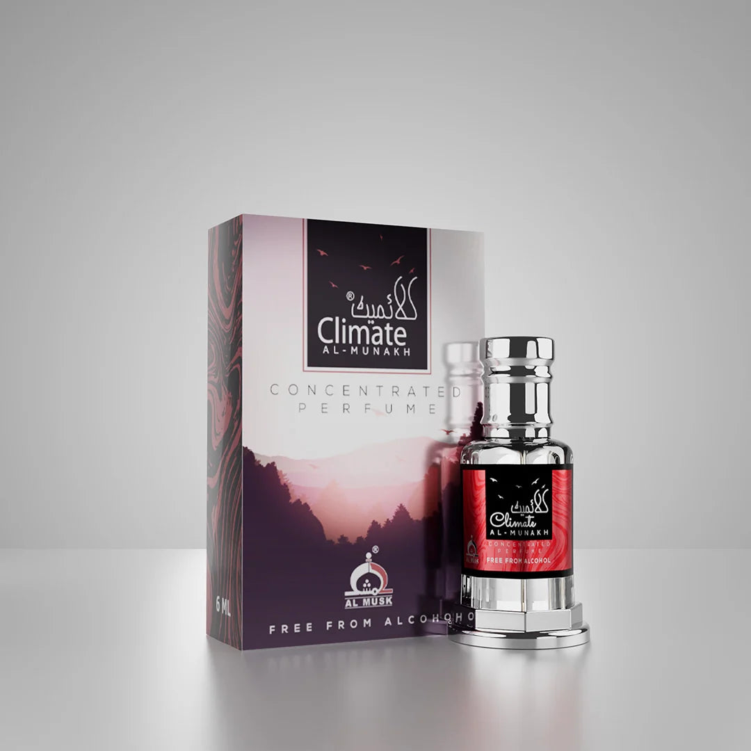 Climate Al-Munakh concentrated perfume bottle and box in a scenic pink flower field