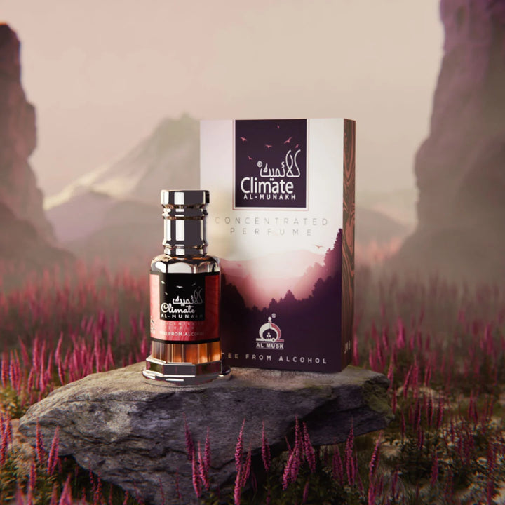 Climate Al-Munakh concentrated perfume bottle and box in a scenic pink flower field