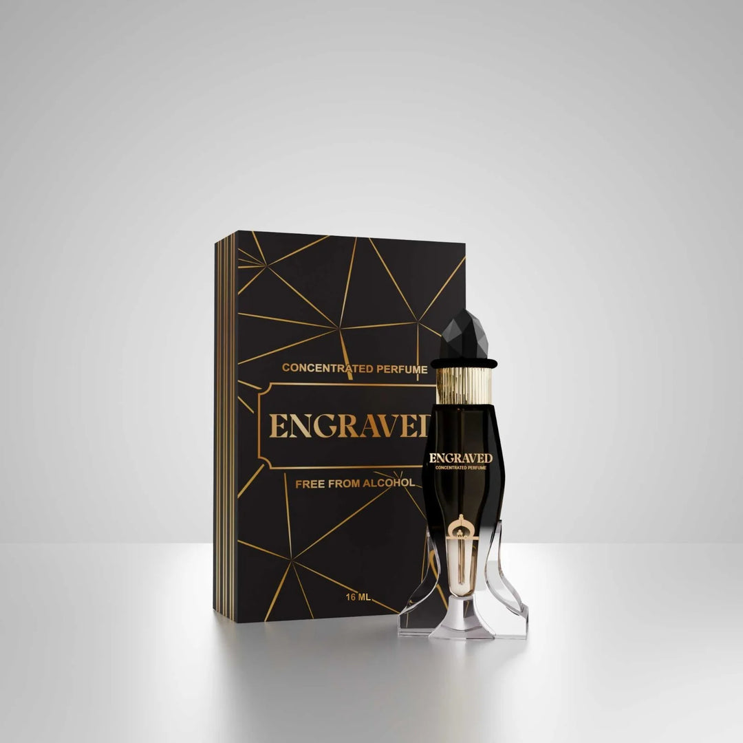 Engraved concentrated perfume by Musk Al Mahal with luxury black and gold fragrance bottle and premium perfume box 02