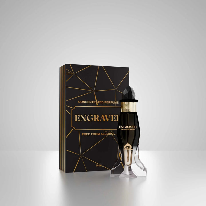 Engraved concentrated perfume by Musk Al Mahal with luxury black and gold fragrance bottle and premium perfume box 02