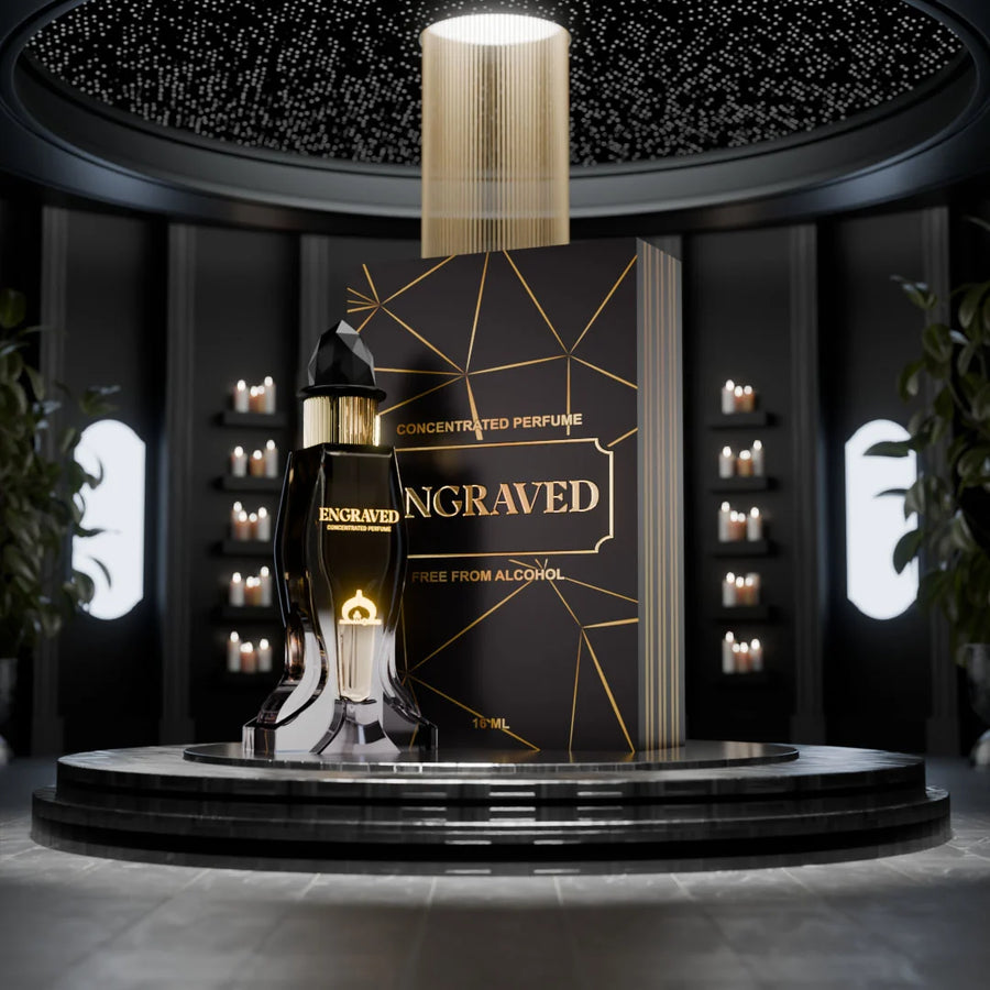 Engraved concentrated perfume by Musk Al Mahal with luxury black and gold fragrance bottle and premium perfume box