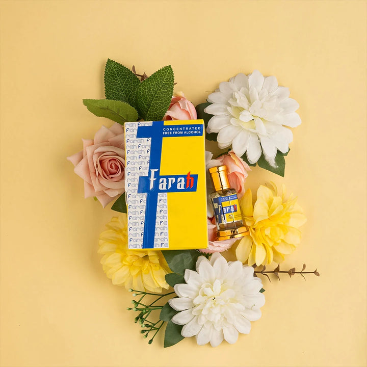 Farah concentrated perfume with matching perfume box surrounded by flowers