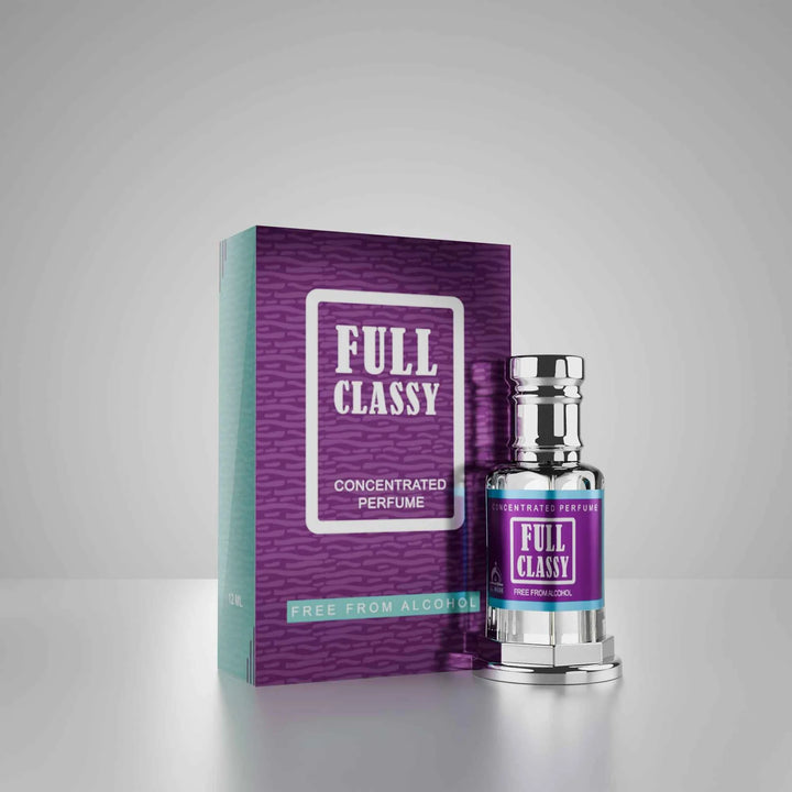 Full Classy concentrated perfume with matching purple perfume box in an elegant floral setting 01