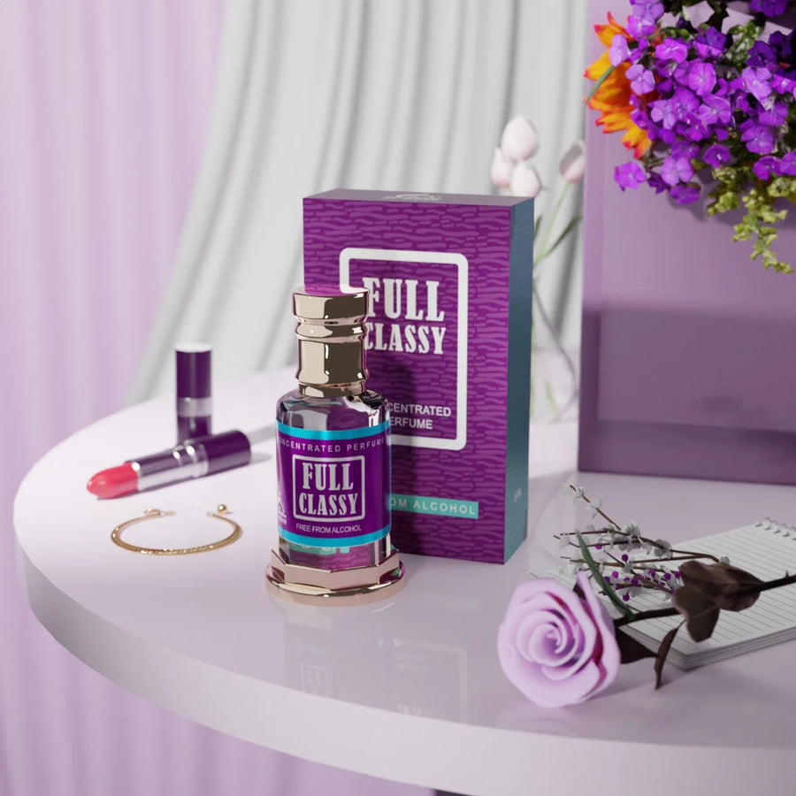 Full Classy concentrated perfume with matching purple perfume box in an elegant floral setting