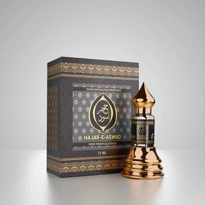 Hajr E Aswad concentrated perfume with matching black and gold perfume box