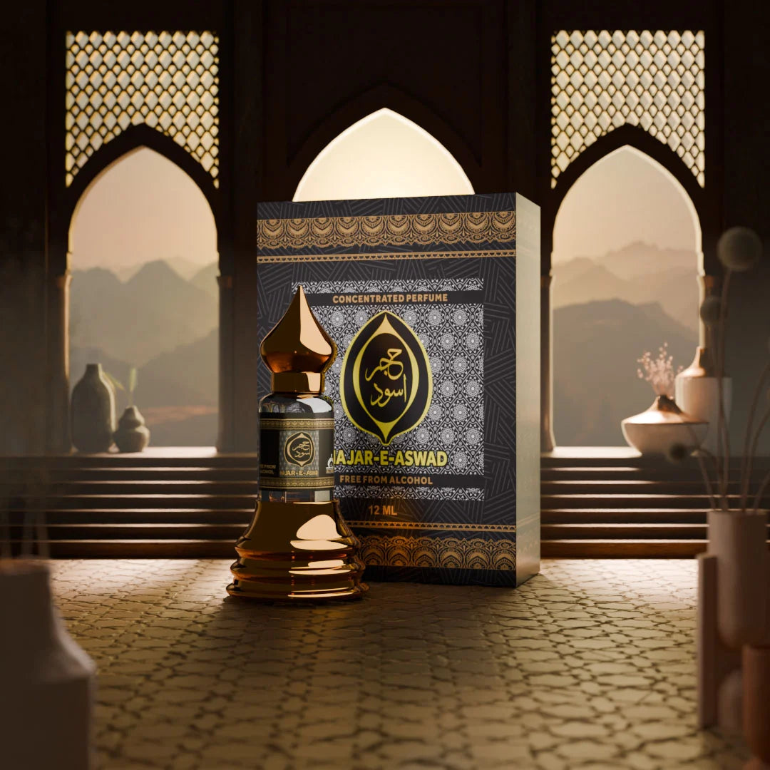 Hajr E Aswad concentrated perfume with matching black and gold perfume box