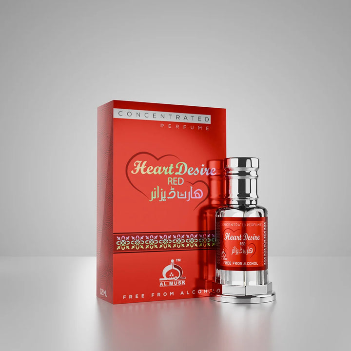Heart Desire Red concentrated perfume bottle and box in a dramatic red luxury setting