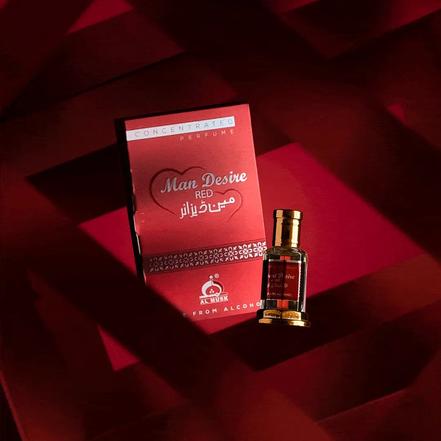 Heart Desire Red concentrated perfume bottle and box in a dramatic red luxury setting