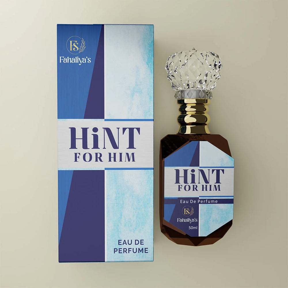 Hint For Him Eau de Parfum by Fahaliyas in a premium blue and silver fragrance bottle 01