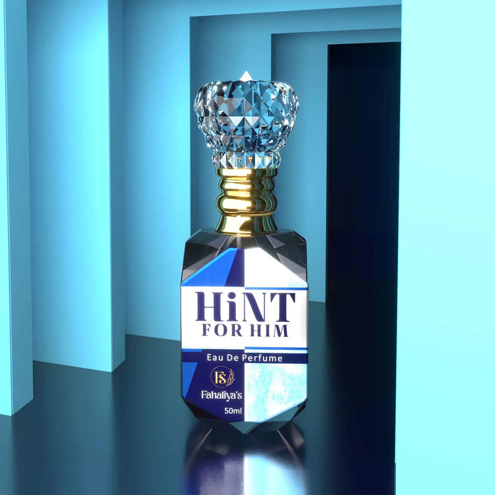 Hint For Him Eau de Parfum by Fahaliyas in a premium blue and silver fragrance bottle