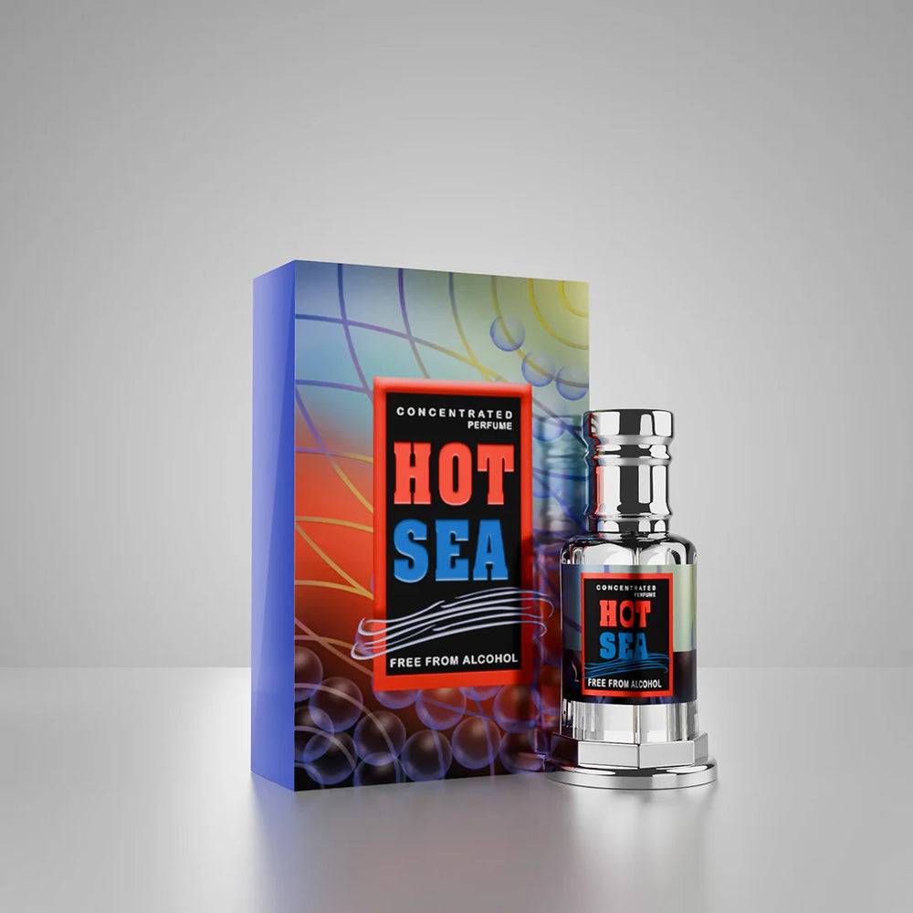 Hot Sea concentrated perfume bottle and box on dark rocks with dramatic red and blue lighting