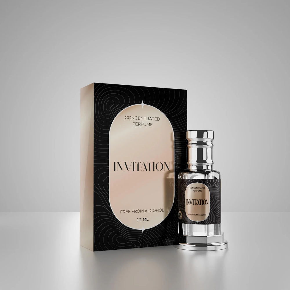 Invitation concentrated perfume by Musk Al Mahal with elegant black and silver fragrance bottle and box 01