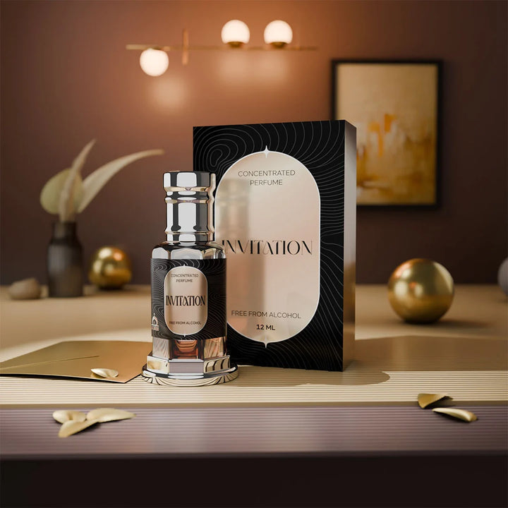 Invitation concentrated perfume by Musk Al Mahal with elegant black and silver fragrance bottle and box